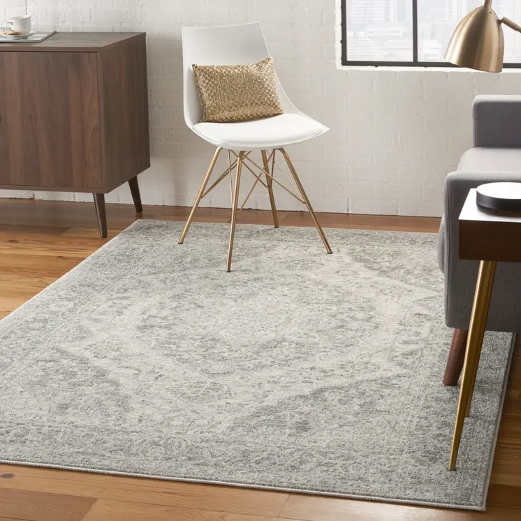 6' X 9' Ivory And Gray Floral Medallion Distressed Area Rug