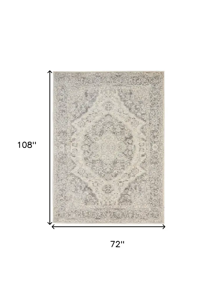 6' X 9' Ivory And Gray Floral Medallion Distressed Area Rug