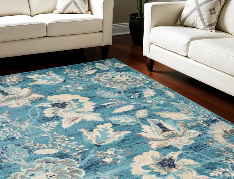6' X 9' Turquoise Cream and Navy Blue Floral Distressed Area Rug