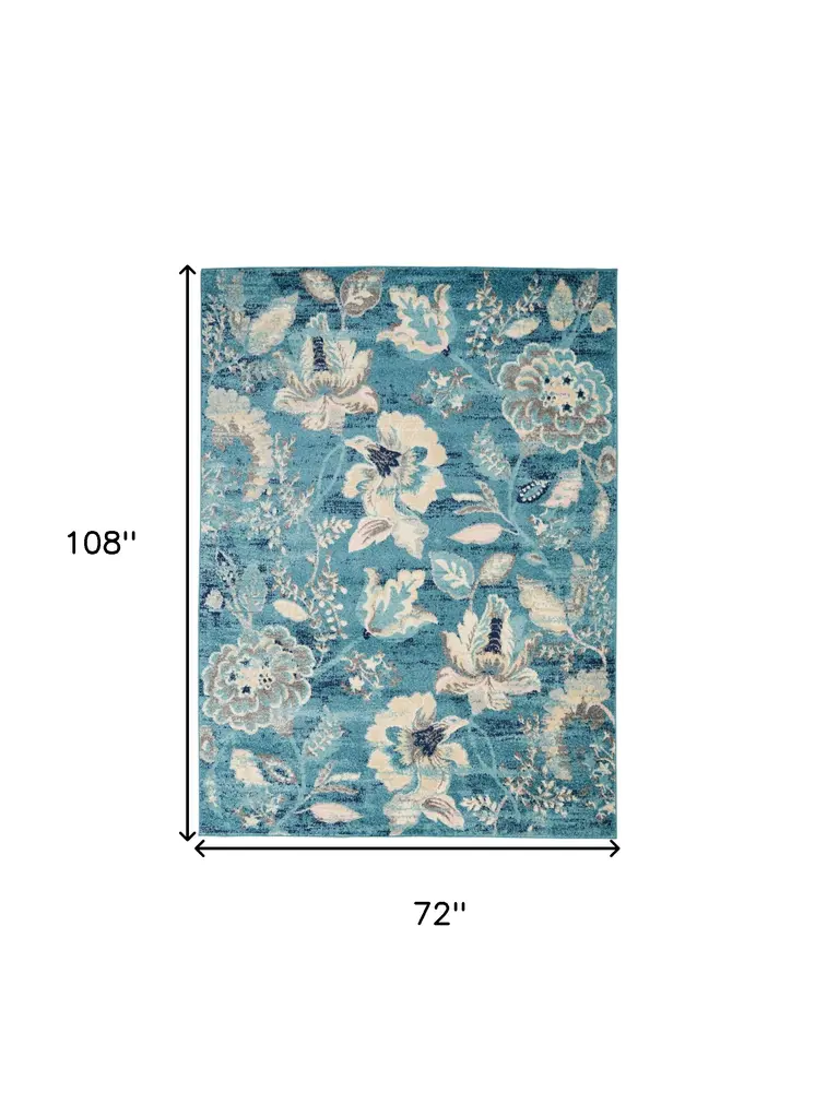 6' X 9' Turquoise Cream and Navy Blue Floral Distressed Area Rug