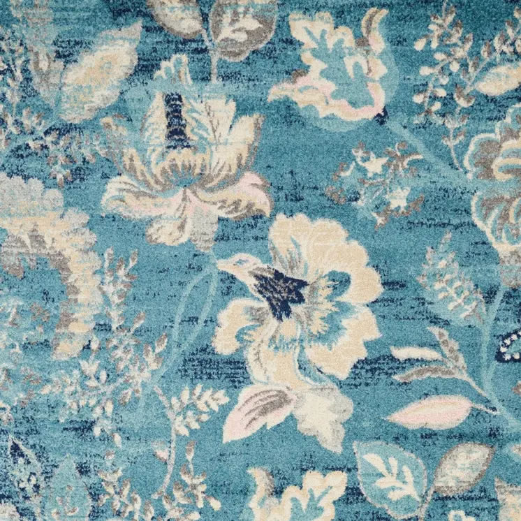 6' X 9' Turquoise Cream and Navy Blue Floral Distressed Area Rug