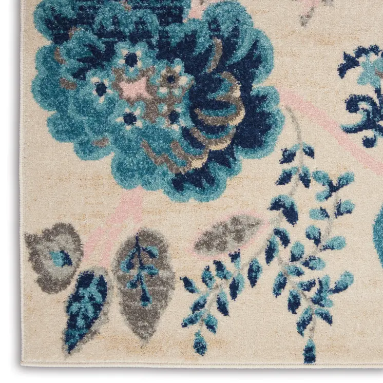 6' X 9' Ivory Navy Blue And Light Blue Floral Area Rug
