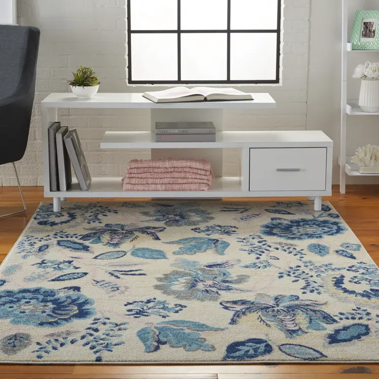 6' X 9' Ivory Navy Blue And Light Blue Floral Area Rug