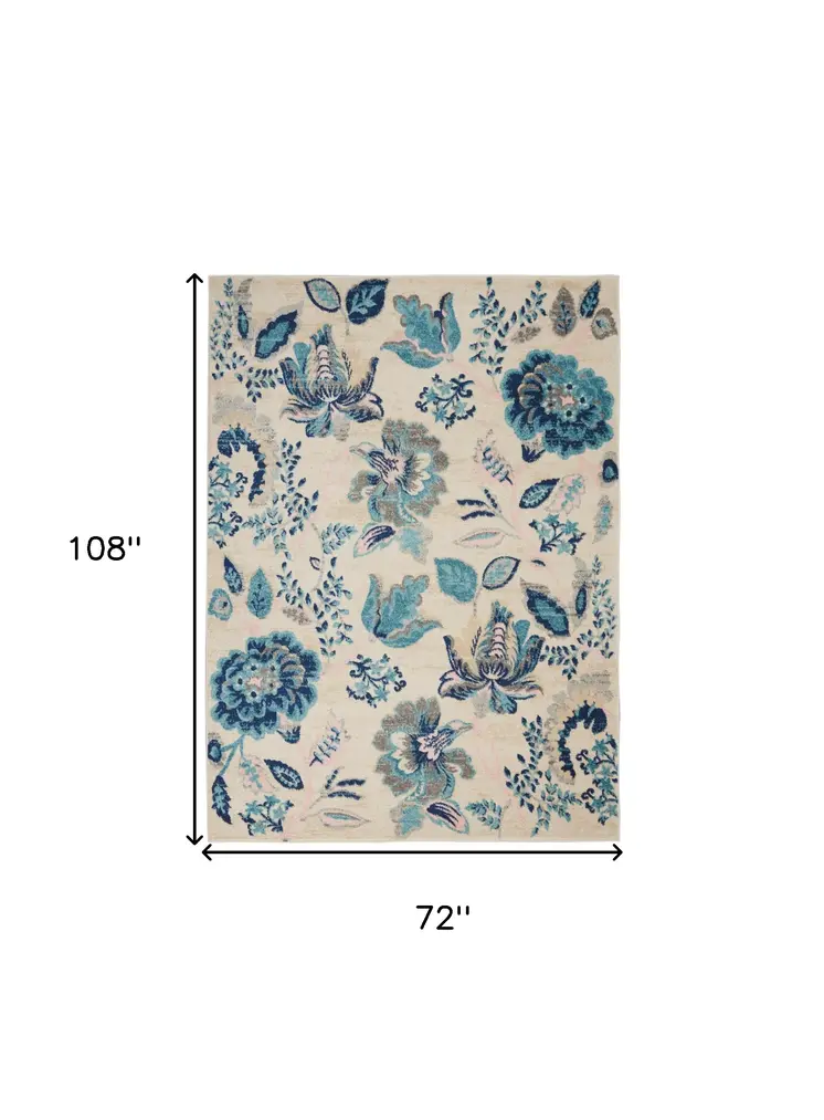 6' X 9' Ivory Navy Blue And Light Blue Floral Area Rug