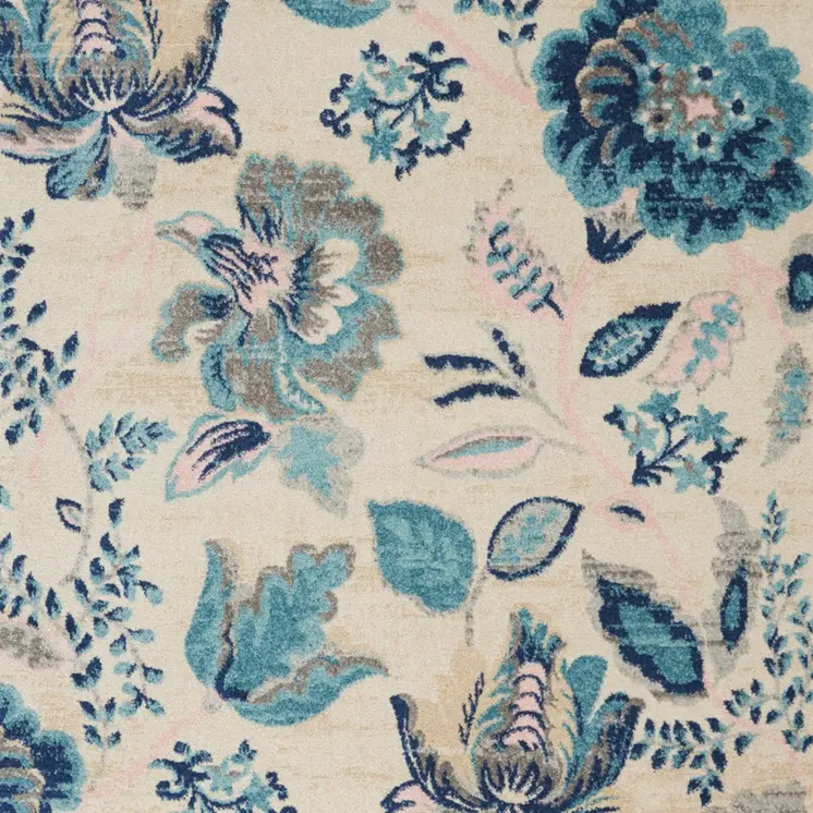 6' X 9' Ivory Navy Blue And Light Blue Floral Area Rug