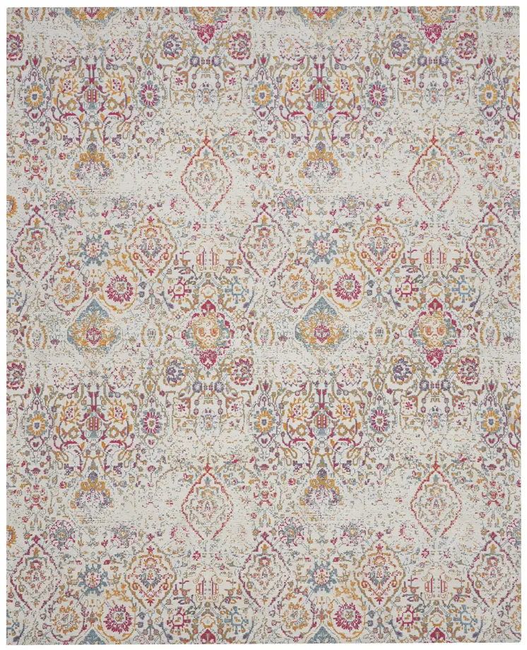 8' X 10' Ivory Red and Yellow Damask Distressed Area Rug