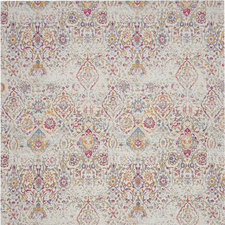 8' X 10' Ivory Red and Yellow Damask Distressed Area Rug