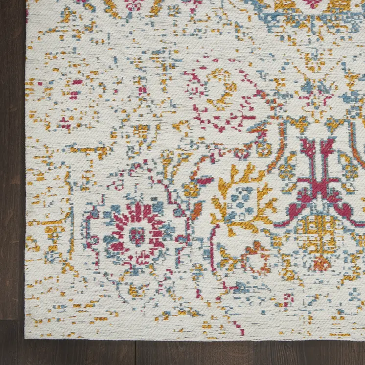 8' X 10' Ivory Red and Yellow Damask Distressed Area Rug