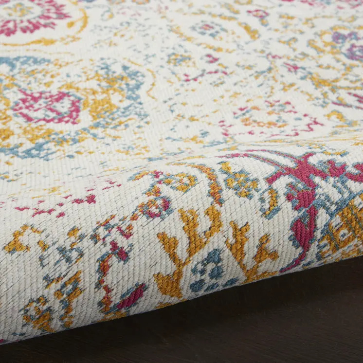 8' X 10' Ivory Red and Yellow Damask Distressed Area Rug