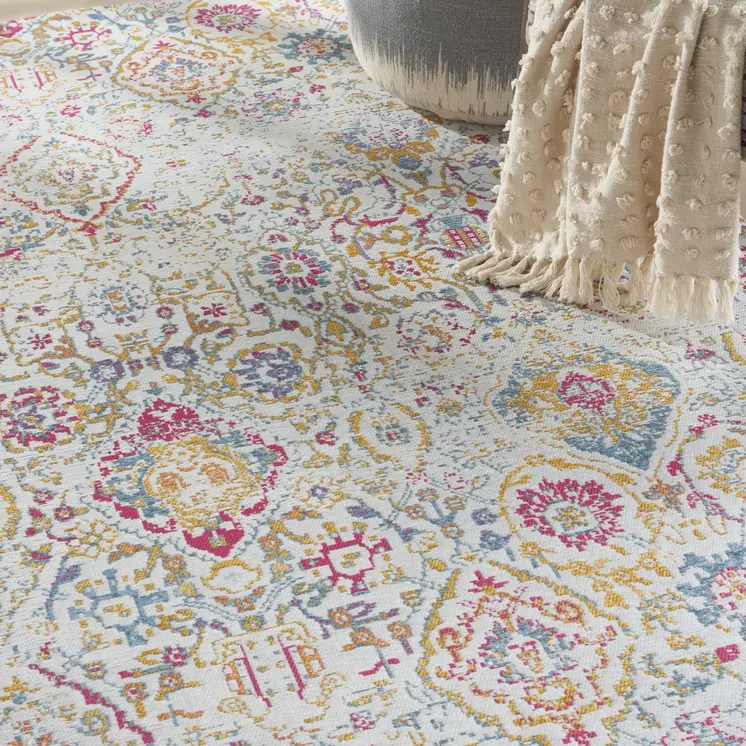 8' X 10' Ivory Red and Yellow Damask Distressed Area Rug