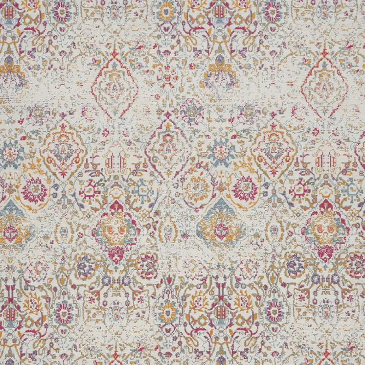 8' X 10' Ivory Red and Yellow Damask Distressed Area Rug