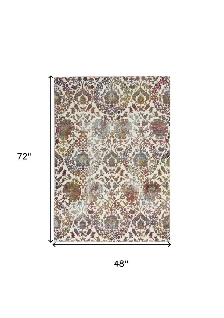 4' X 6' White and Golden Brown Floral Distressed Non Skid Area Rug