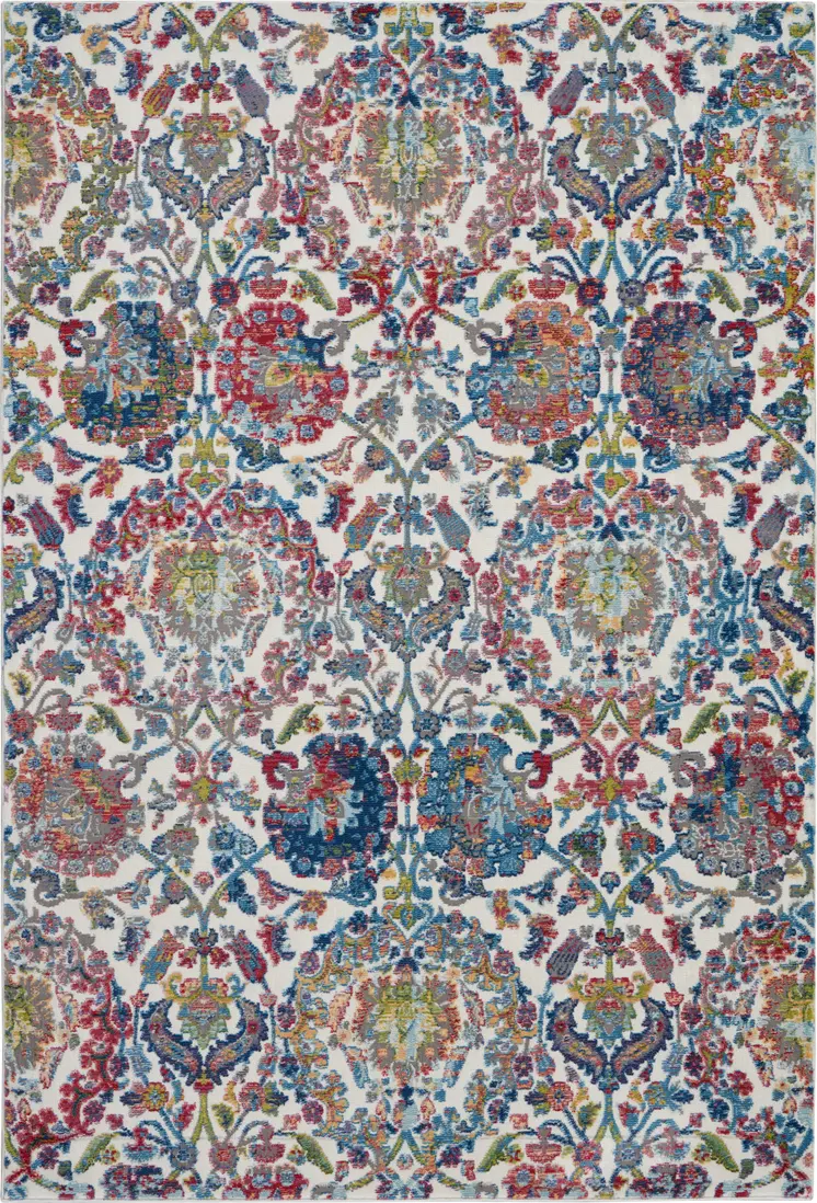4' X 6' Ivory Blue and Red Floral Distressed Non Skid Area Rug