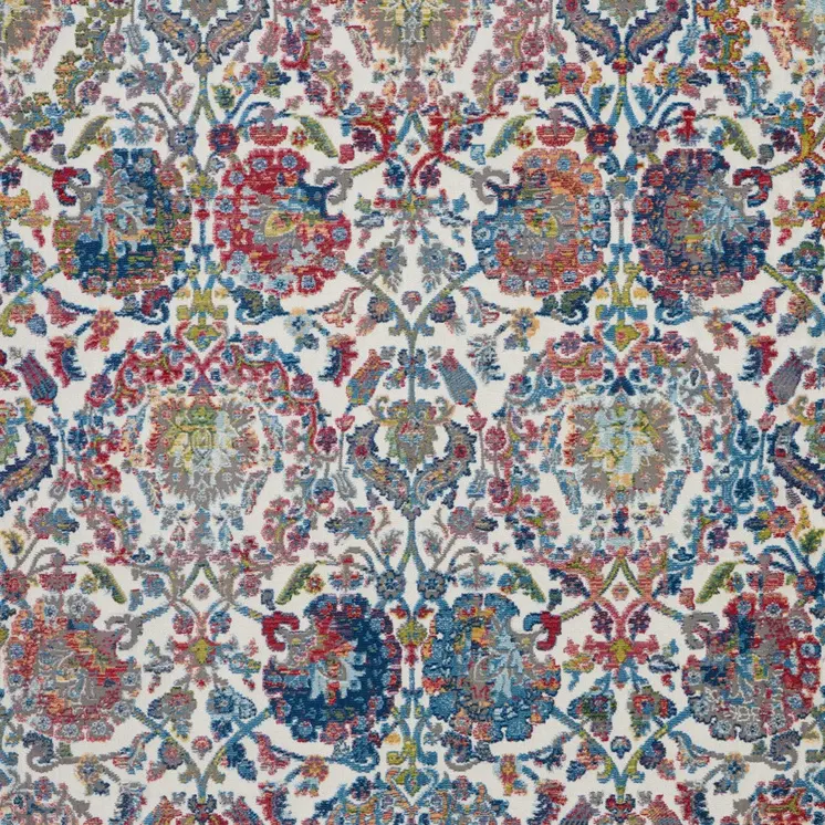 4' X 6' Ivory Blue and Red Floral Distressed Non Skid Area Rug