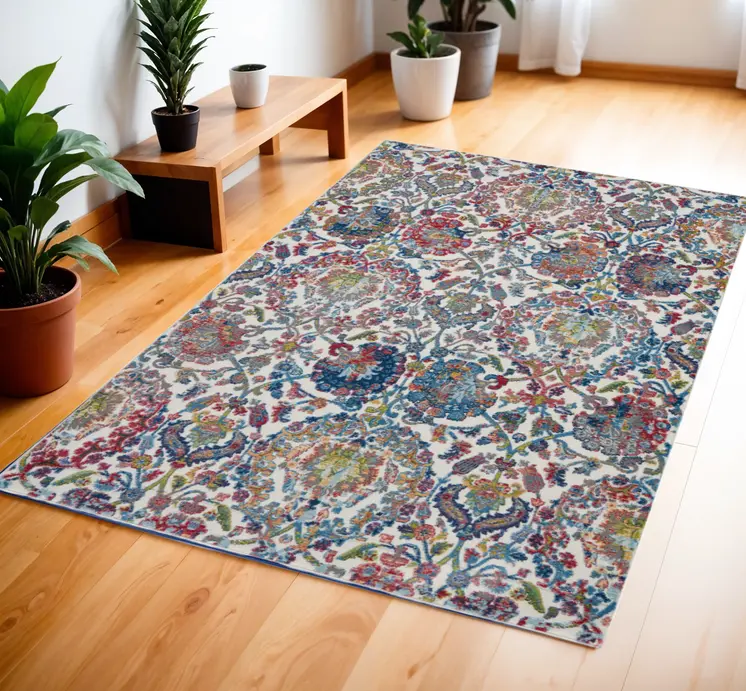 4' X 6' Ivory Blue and Red Floral Distressed Non Skid Area Rug