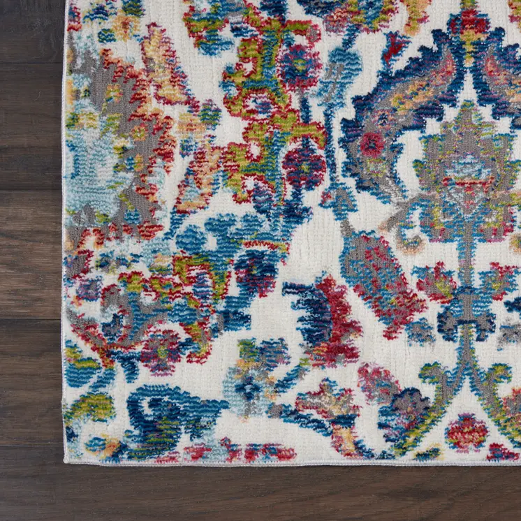 4' X 6' Ivory Blue and Red Floral Distressed Non Skid Area Rug