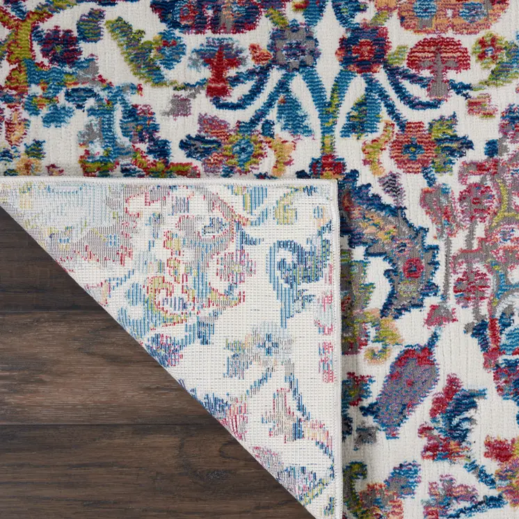 4' X 6' Ivory Blue and Red Floral Distressed Non Skid Area Rug