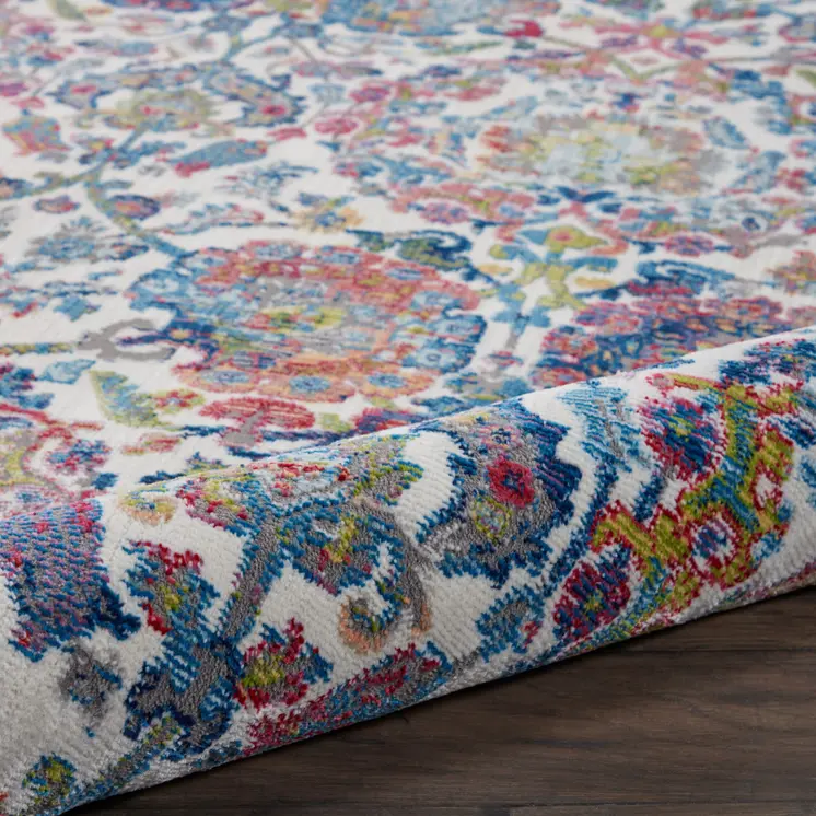 4' X 6' Ivory Blue and Red Floral Distressed Non Skid Area Rug