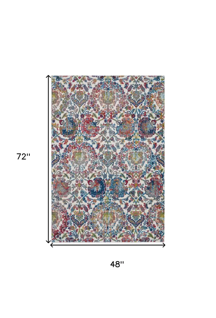 4' X 6' Ivory Blue and Red Floral Distressed Non Skid Area Rug