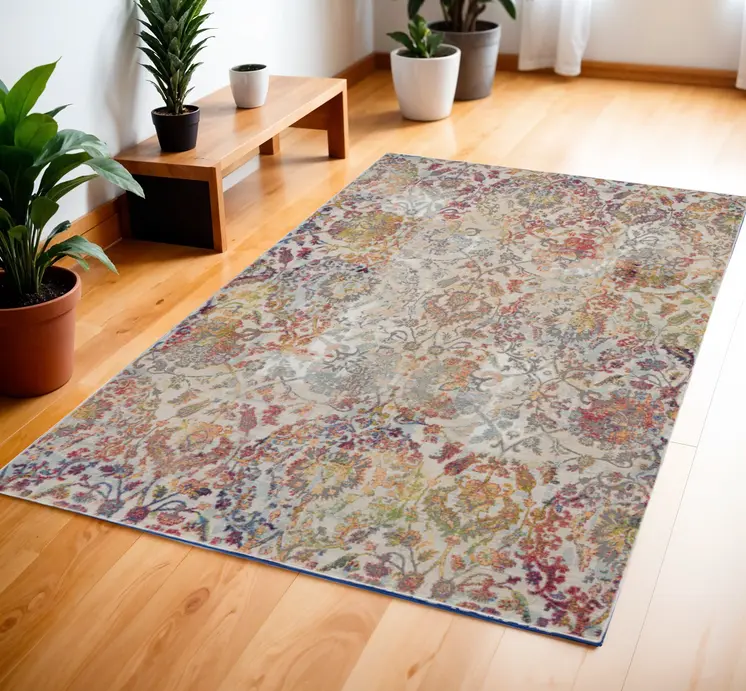 4' X 6' Ivory Gray and Orange Floral Distressed Non Skid Area Rug