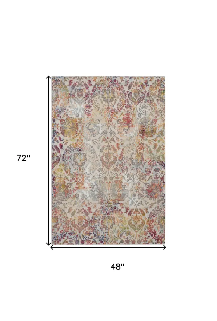 4' X 6' Ivory Gray and Orange Floral Distressed Non Skid Area Rug
