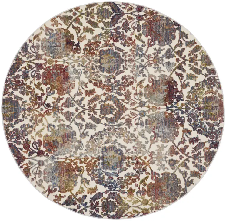 6' White and Golden Brown Floral Distressed Non Skid Round Rug