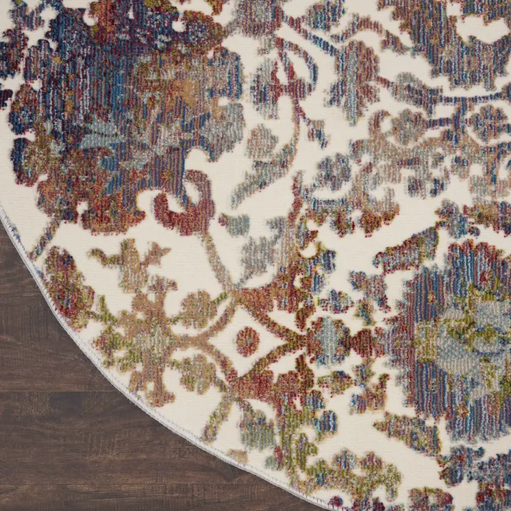 6' White and Golden Brown Floral Distressed Non Skid Round Rug