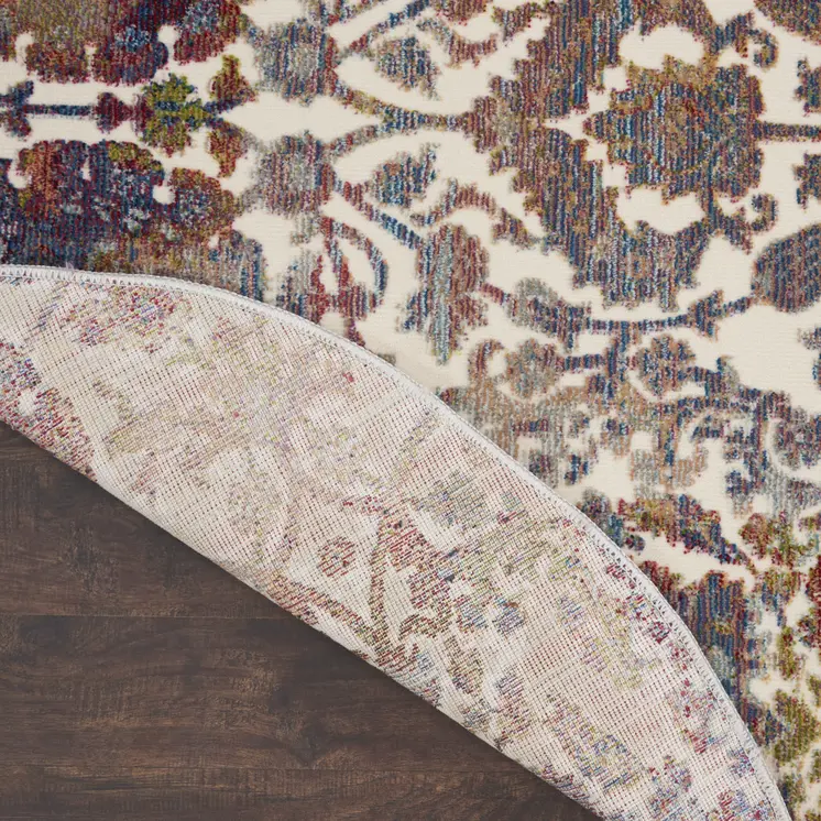 6' White and Golden Brown Floral Distressed Non Skid Round Rug