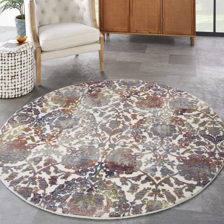 6' White and Golden Brown Floral Distressed Non Skid Round Rug