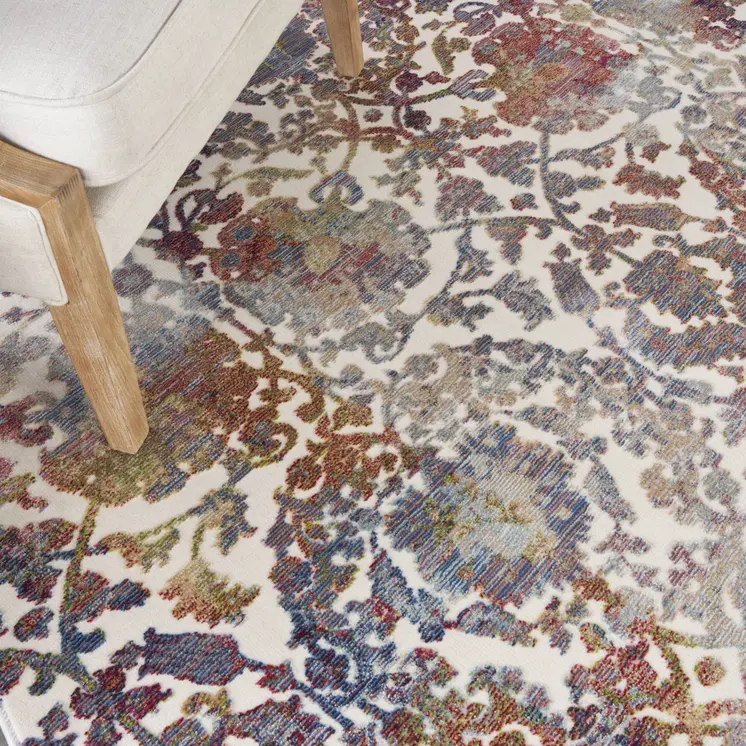 6' White and Golden Brown Floral Distressed Non Skid Round Rug