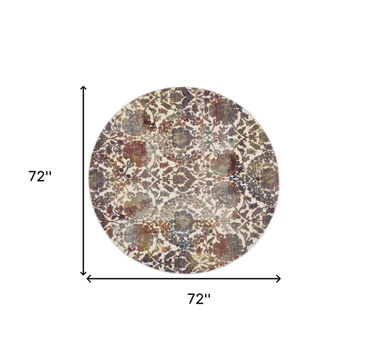 6' White and Golden Brown Floral Distressed Non Skid Round Rug