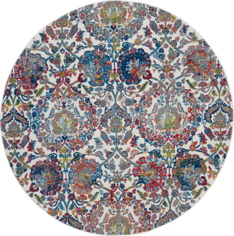 6' Ivory Blue and Gray Floral Distressed Non Skid Round Rug