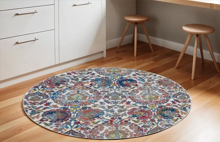 6' Ivory Blue and Gray Floral Distressed Non Skid Round Rug