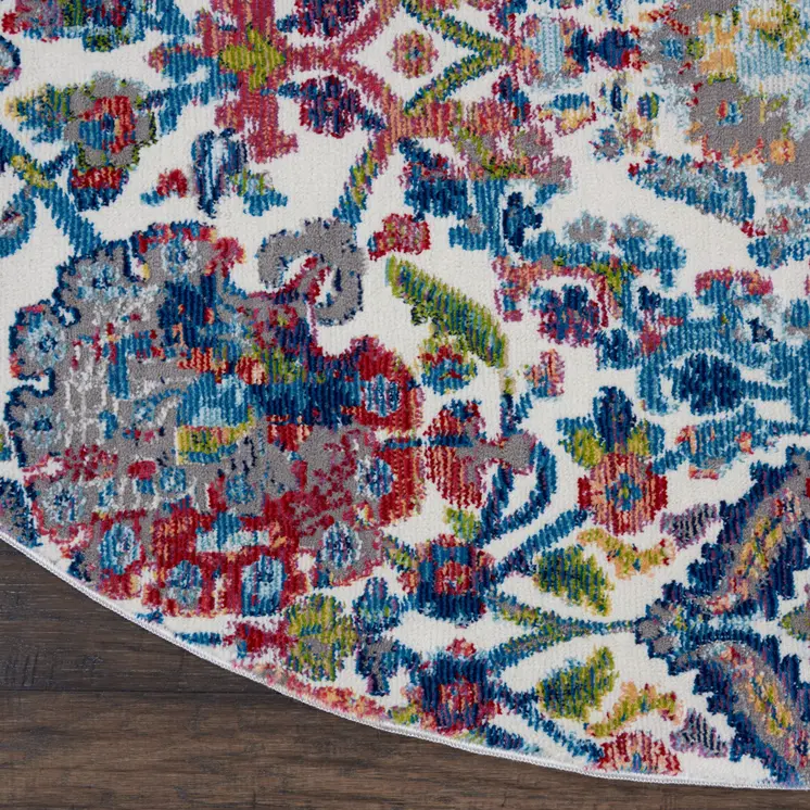 6' Ivory Blue and Gray Floral Distressed Non Skid Round Rug