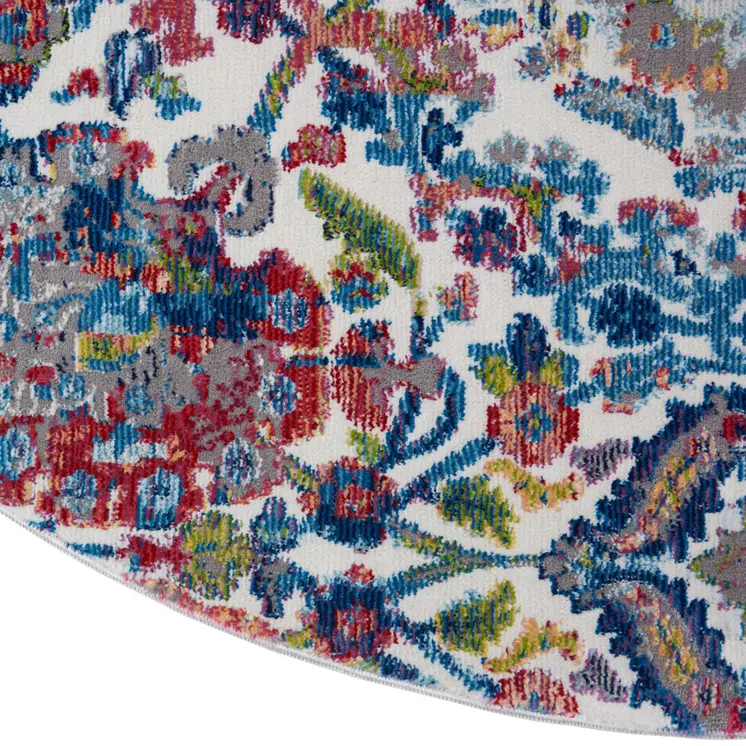 6' Ivory Blue and Gray Floral Distressed Non Skid Round Rug