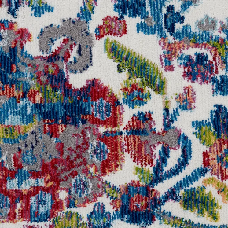 6' Ivory Blue and Gray Floral Distressed Non Skid Round Rug