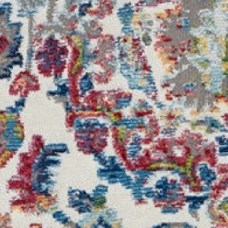 6' Ivory Blue and Gray Floral Distressed Non Skid Round Rug