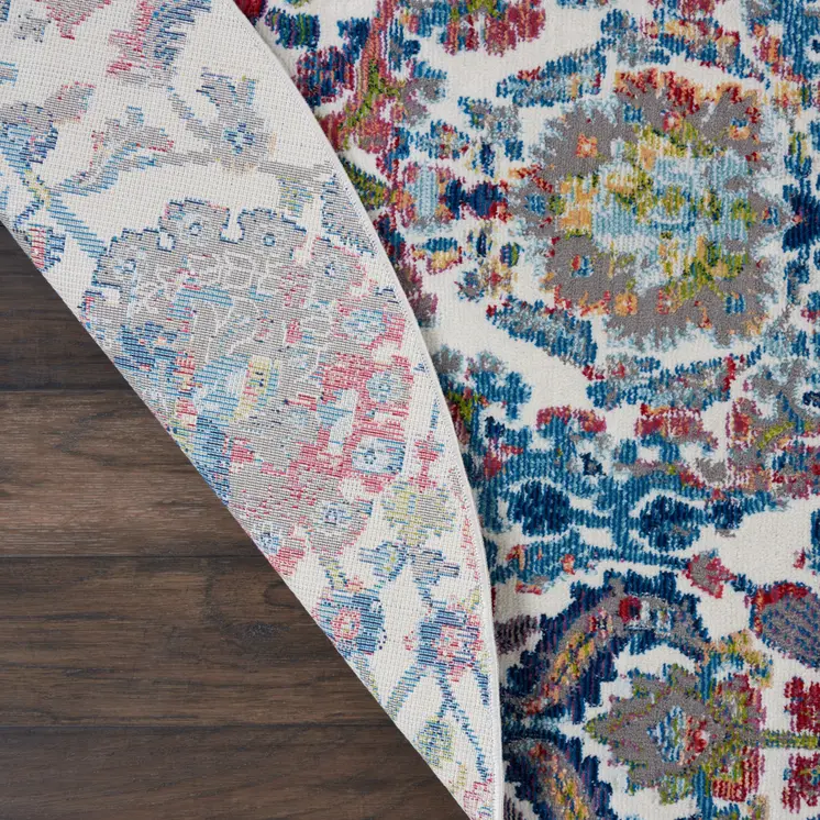 6' Ivory Blue and Gray Floral Distressed Non Skid Round Rug