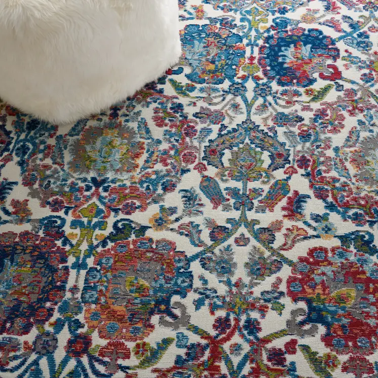 6' Ivory Blue and Gray Floral Distressed Non Skid Round Rug