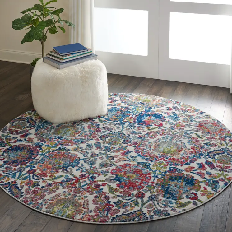 6' Ivory Blue and Gray Floral Distressed Non Skid Round Rug