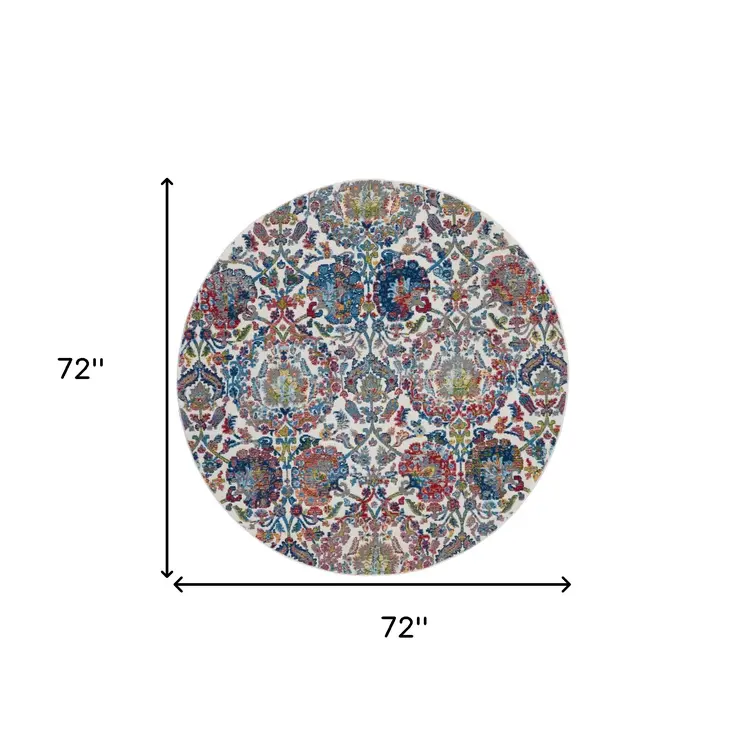 6' Ivory Blue and Gray Floral Distressed Non Skid Round Rug