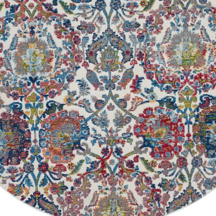 6' Ivory Blue and Gray Floral Distressed Non Skid Round Rug
