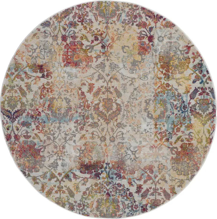 6' Ivory Gray and Orange Floral Distressed Non Skid Round Rug