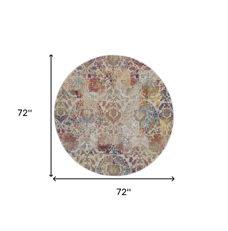6' Ivory Gray and Orange Floral Distressed Non Skid Round Rug