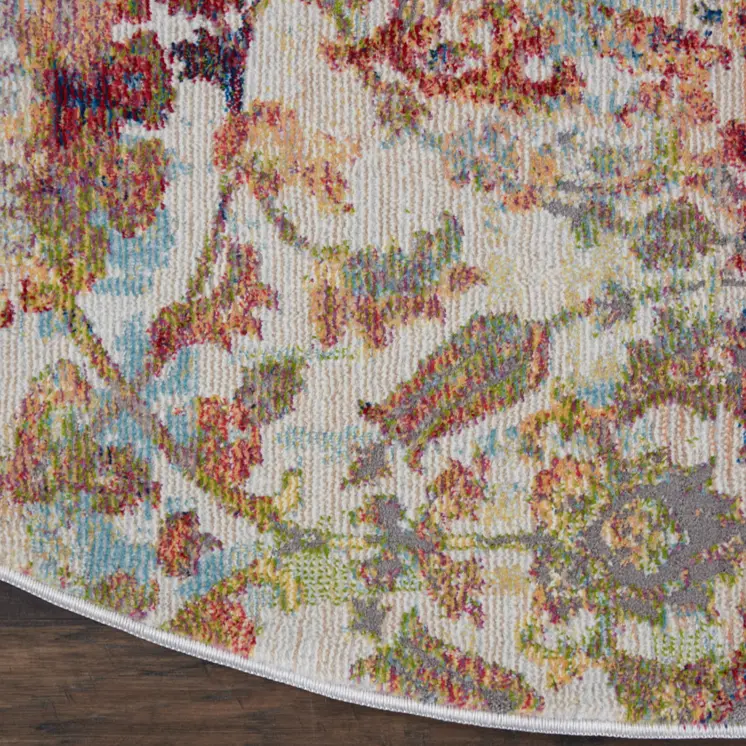 6' Ivory Gray and Orange Floral Distressed Non Skid Round Rug