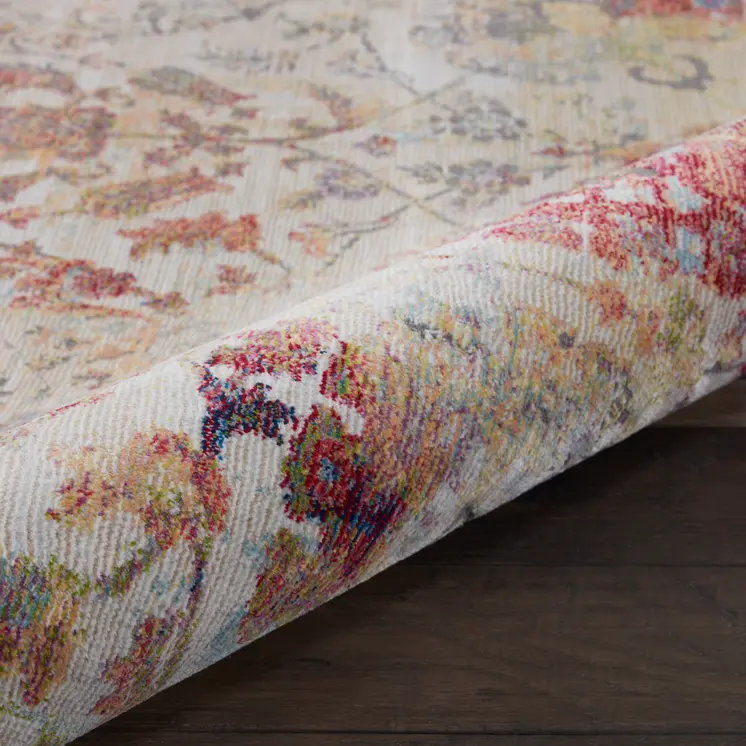 6' Ivory Gray and Orange Floral Distressed Non Skid Round Rug