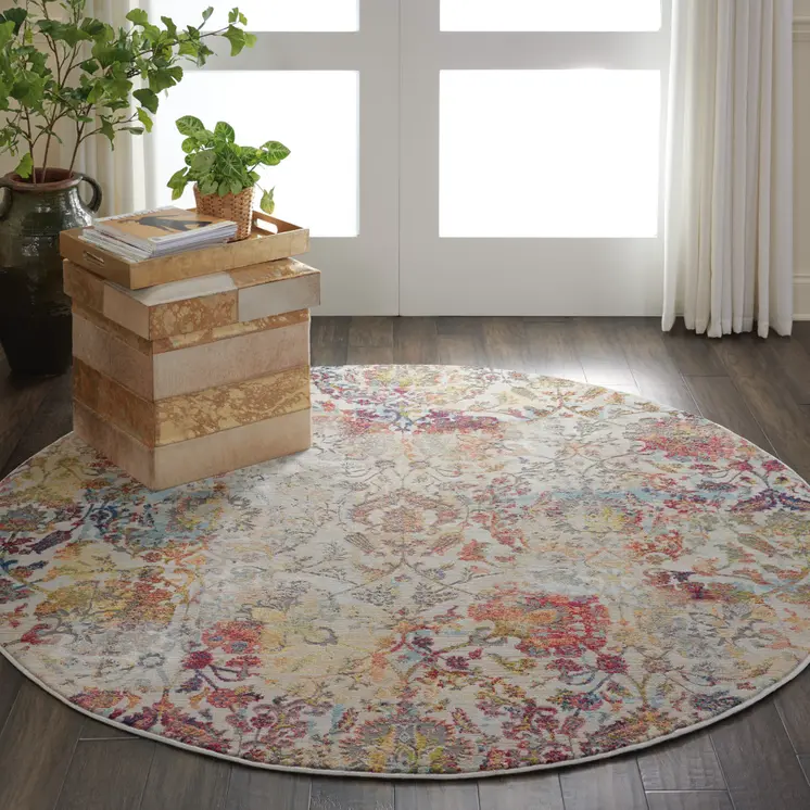 6' Ivory Gray and Orange Floral Distressed Non Skid Round Rug