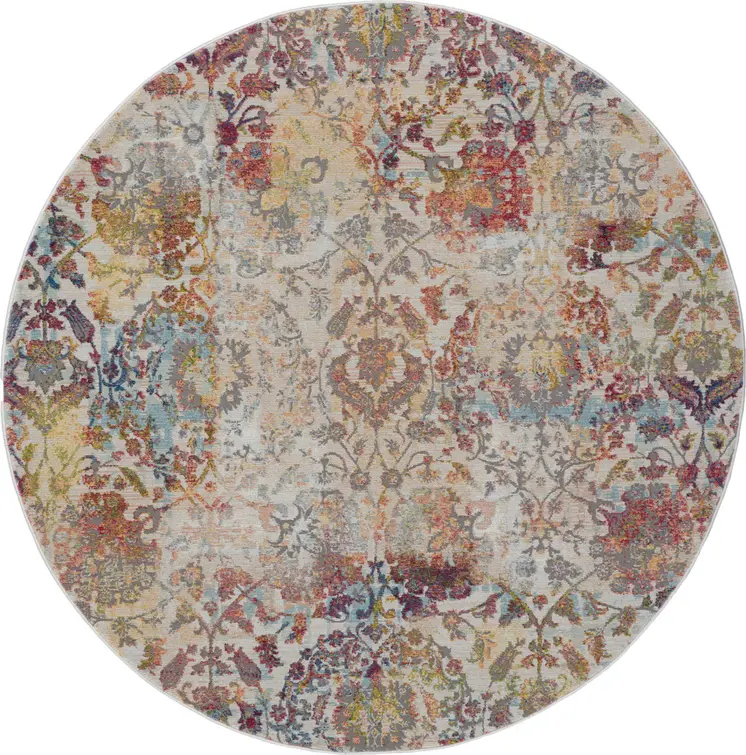 6' Ivory Gray and Orange Floral Distressed Non Skid Round Rug