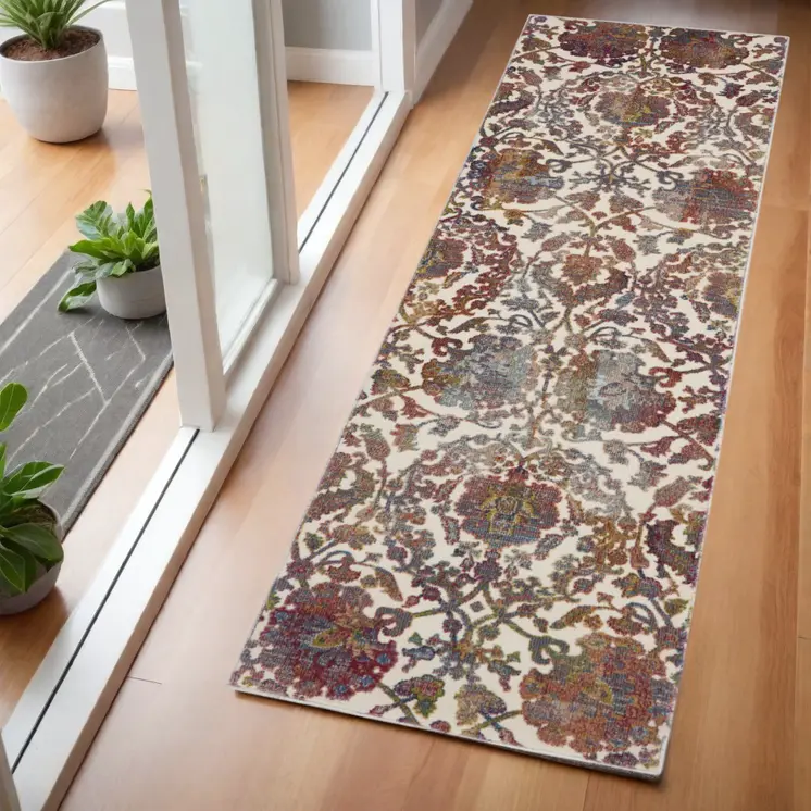 6' White and Golden Brown Floral Distressed Non Skid Runner Rug