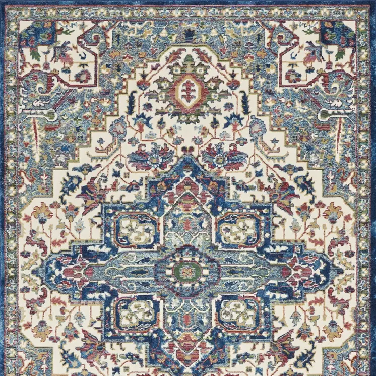 4' X 6' Navy Blue and Ivory Floral Medallion Distressed Non Skid Area Rug
